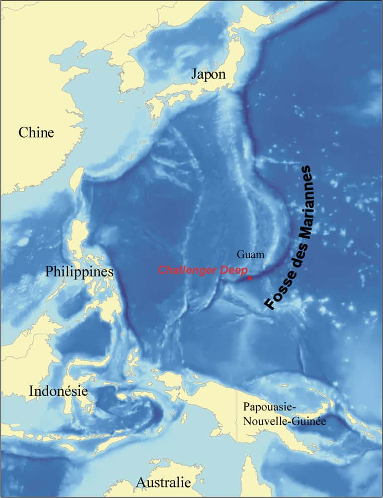 Emplacement de la fosse des Mariannes et de Challenger Deep. © Kmusser, <em>Wikimedia Commons</em>, CC by-sa 3.0 