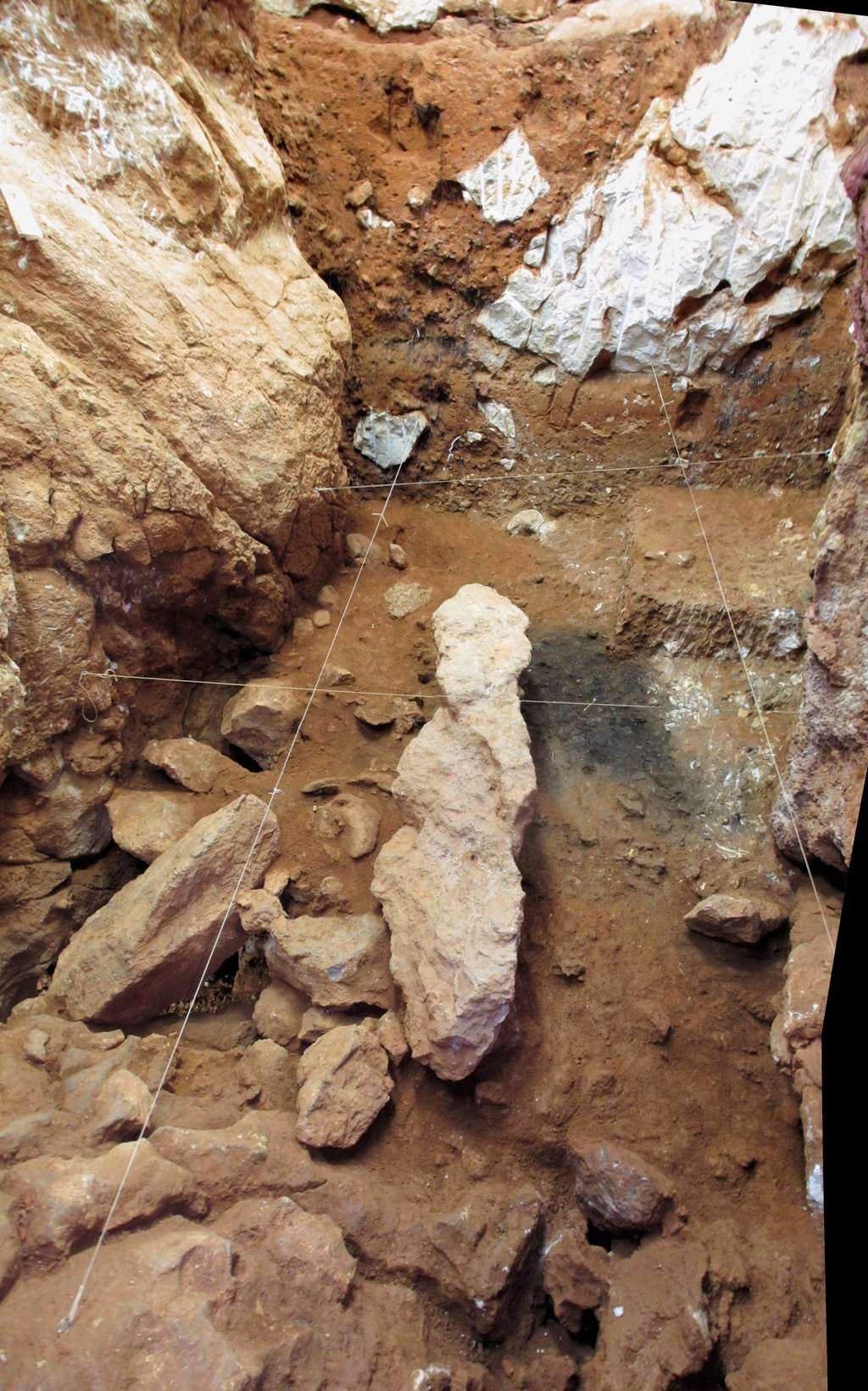Fouilles dans la grotte d'Oliveira au Portugal. Les restes d'un foyer sont visibles (zones noircies). © João Zilhão