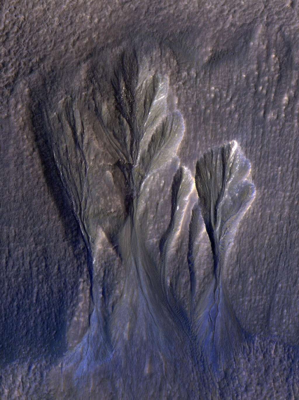 Les traces blanches laissées dans les ravins de <em>Terra Sirenum</em> sur Mars sont supposées être de la glace d'eau chargée en poussière. © Nasa, JPL-Caltech, <em>University of Arizona</em>