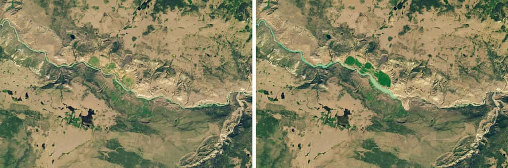 À gauche, la situation au 16 juillet 2024, avant le glissement de terrain. À droite, la situation au 1<sup>er</sup> août, après le glissement de terrain. On voit clairement que le cours de la rivière est totalement coupé et qu'un lac commence à se former en amont du barrage de débris. © <em>NASA Earth Observatory images</em> par Wanmei Liang, utilisation de données Landsat de la <em>U.S. Geological Survey</em>