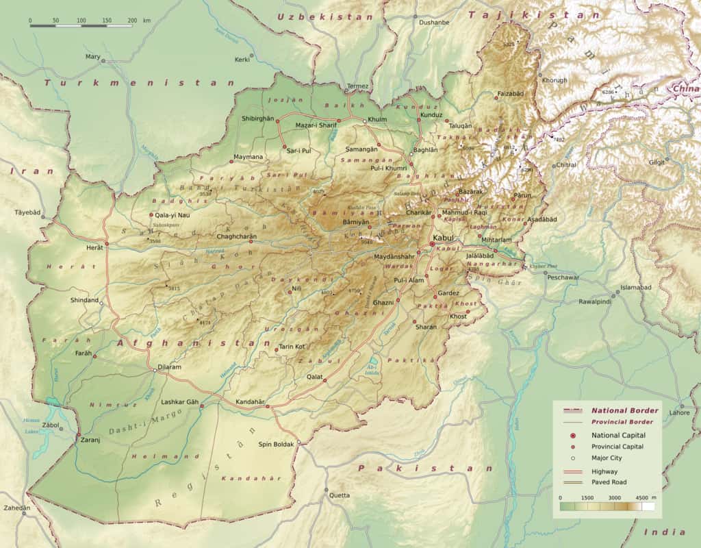 Topographie de l'Hindou Kouch et localisation de la ville de Herat à l'extrémité ouest de la chaîne montagneuse. © Sommerkom, Wikimedia Commons, cc by-sa 3.0 