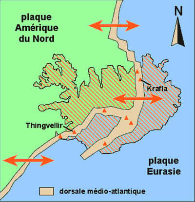 Carte montrant le tracé de la dorsale à travers l'Islande. La péninsule de Reykjanes où ont eu lieu de multiples éruptions fissurales se situe juste en dessous de Thingvellir. © C. Brunet, CNRS