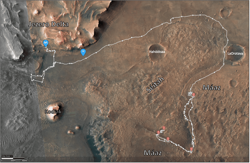 Le trajet suivi par Perseverance depuis son atterrissage en février 2021. Les points rouges indiquent où les échantillons ont été prélevés (sites Séitah et Maaz). Le rover se trouve aujourd'hui au niveau du delta. © Nasa