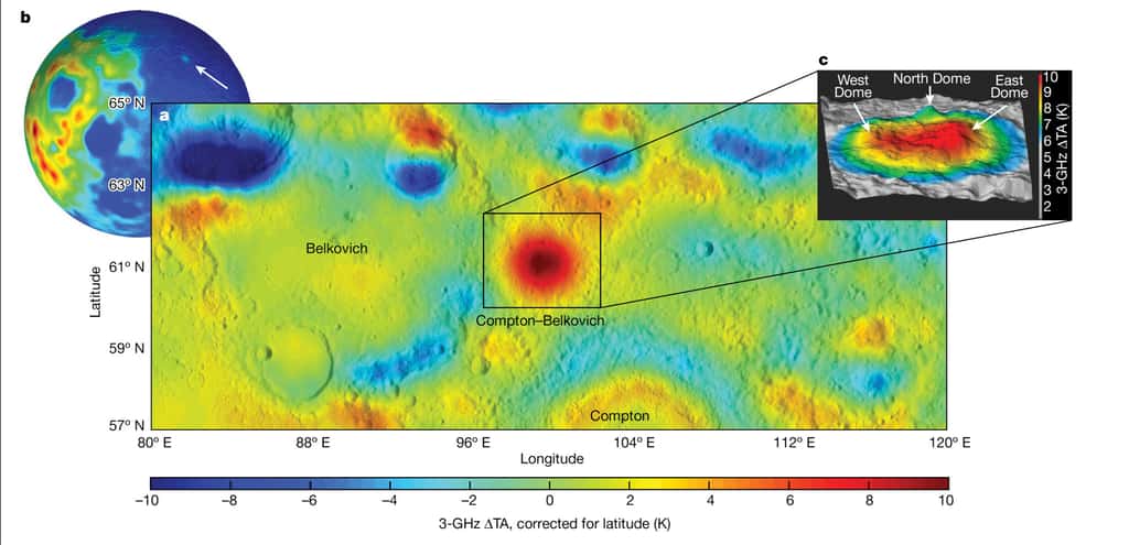 La zone en rouge indique un flux de chaleur anormal, que les scientifiques interprètent comme la présence d'un imposant corps granitique au sein de la croûte lunaire. © Siegler et al. 2023, <em>Nature</em>