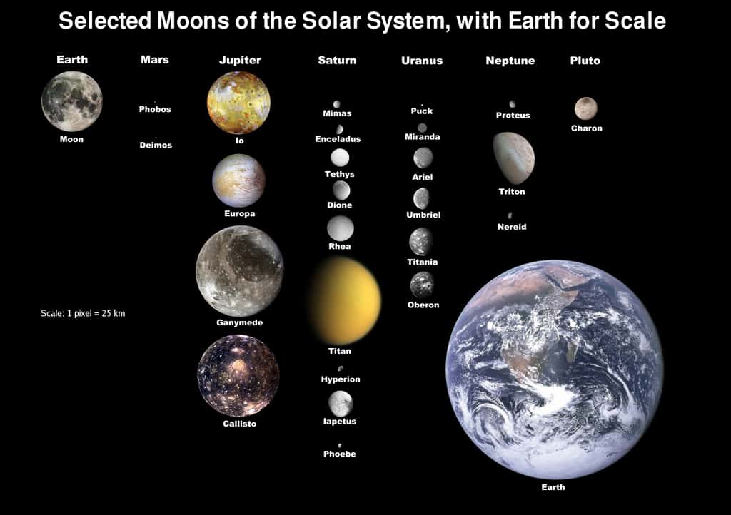 Les principales lunes du Système solaire avec la Terre en référence. Phobos et Déimos apparaissent vraiment bien minuscules. © Nasa, Wikimedia Commons, domaine public
