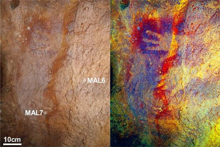 Le traitement de l'image permet de révéler les anciennes traces de mains réalisées au pochoir dans la grotte de Maltravieso, en Espagne. © Standish et <em>al.</em> 2024, <em>Journal of Archaeological Science: Reports</em>