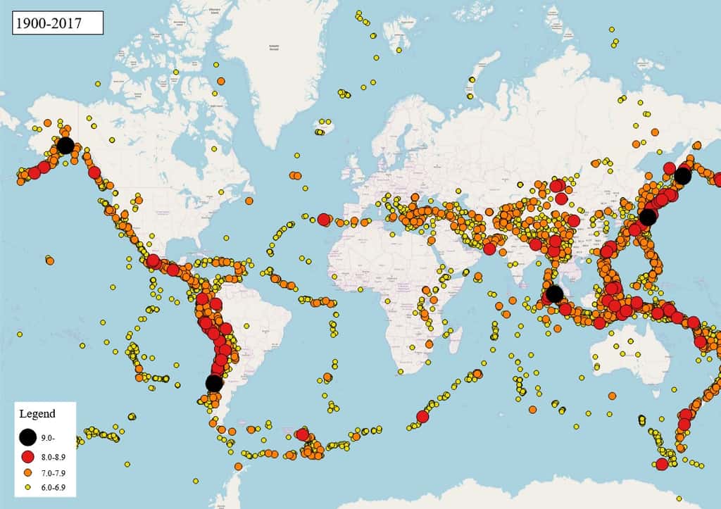 Carte de la répartition des foyers sismiques entre 1900 et 2017. © Phoenix7777, <em>Wikimedia Commons</em>, CC by-sa 4.0 