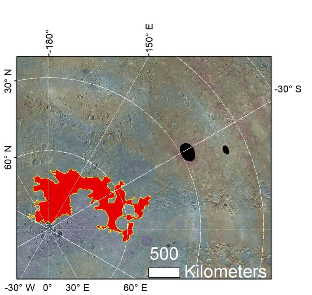Les terrains chaotiques de <em>Borealis Chaos</em>, au niveau du pôle Nord de Mercure. Les cratères <em>Raditladi</em> et <em>Eminescu</em> révèlent la présence possible de glaciers de sel. © Nasa