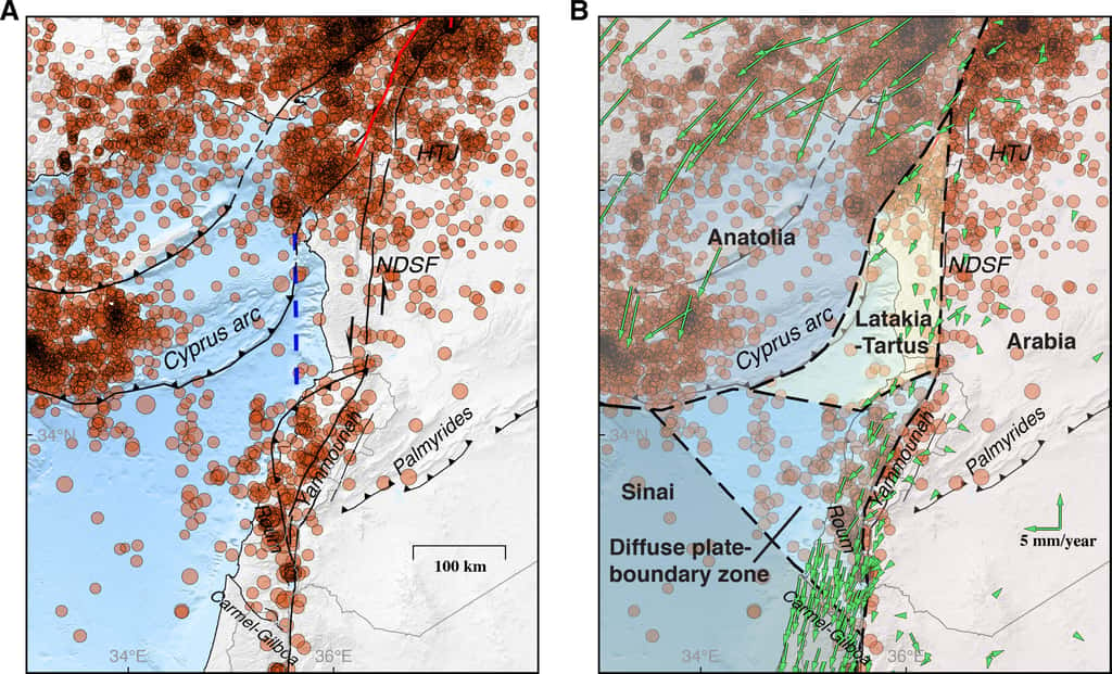 La relocalisation précise des séismes a permis d'identifier une nouvelle microplaque, nommée « Latakia-Tartus » (à droite). © Li et al. 2024, <em>Science Advances</em>