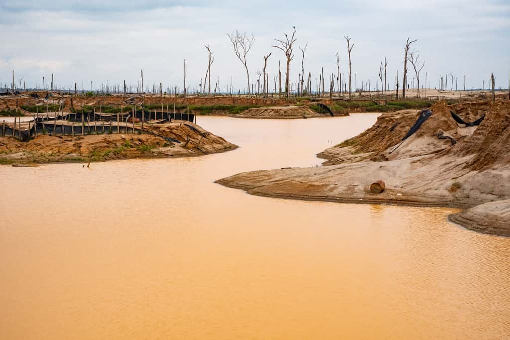 Site exploité au Pérou. L'eau, chargée en sédiments en suspension, se déverse dans la rivière et détériore sa qualité. © Jason Houston <em>(iLCP Redsecker Response Fund/CEES/CINCIA)</em>