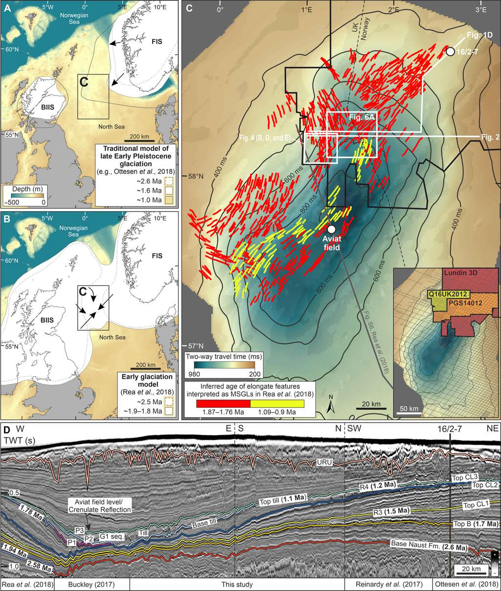 Les deux modèles (A et B) proposés pour l'extension de la calotte polaire il y a 1 million d'années. © Ottesen et <em>al.</em> 2025, <em>Science Advances</em>