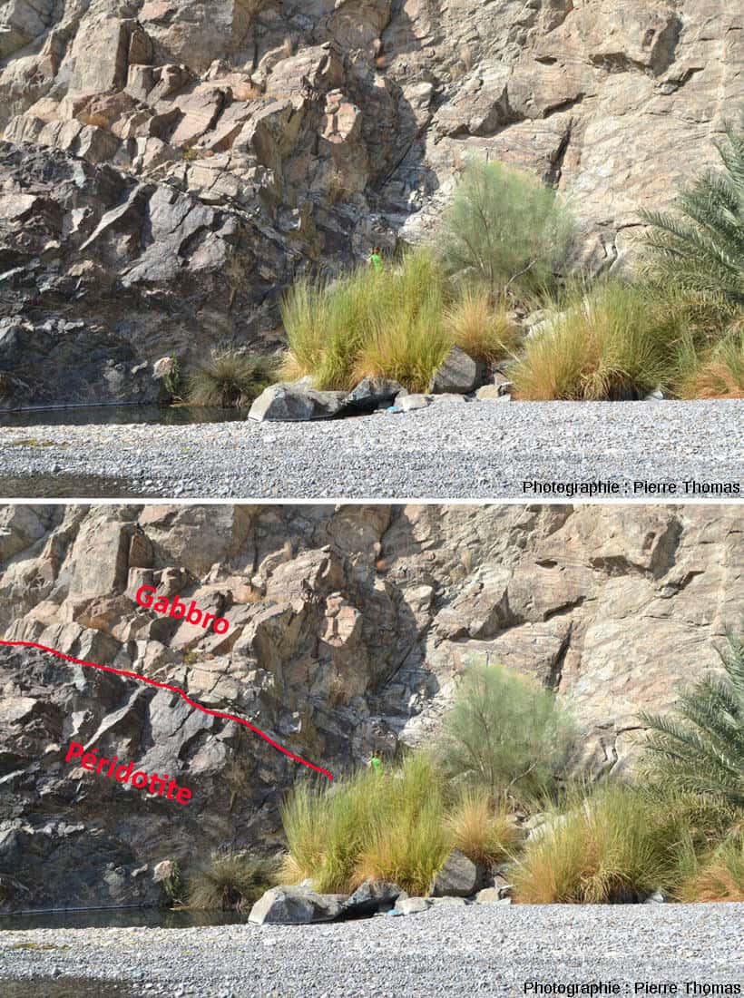 Le Moho (pétrologique) est visible sur cette photo en Oman (wadi Bani Kharus) : les roches aux teintes roses représentent les gabbros de la croûte inférieure, les roches sombres à la base sont les péridotites du manteau. Le Moho se trouve donc à l'interface entre les deux unités. © 2016 Pierre Thomas (https://planet-terre.ens-lyon.fr)