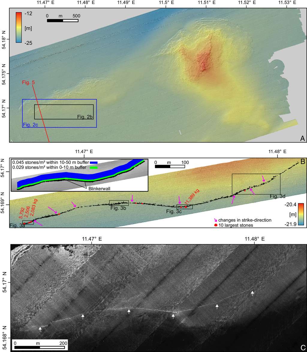 Bathymétrie de la zone étudiée et tracé du mur visible sur les images sonar (en bas). © Geersen et al. 2024, Pnas