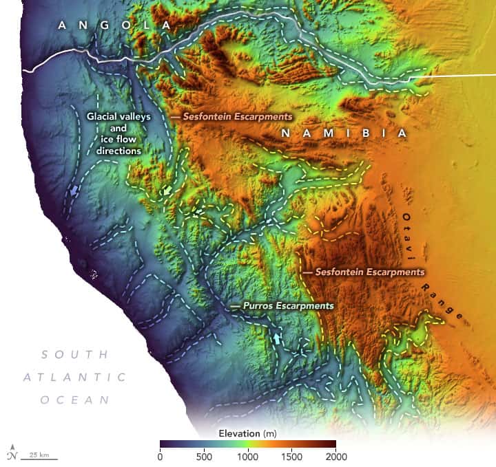 Carte retraçant le tracé des paléo-fjords de Namibie. © Joshua Stevens, Pierre Dietrich, <em>Nasa Earth Observatory</em>
