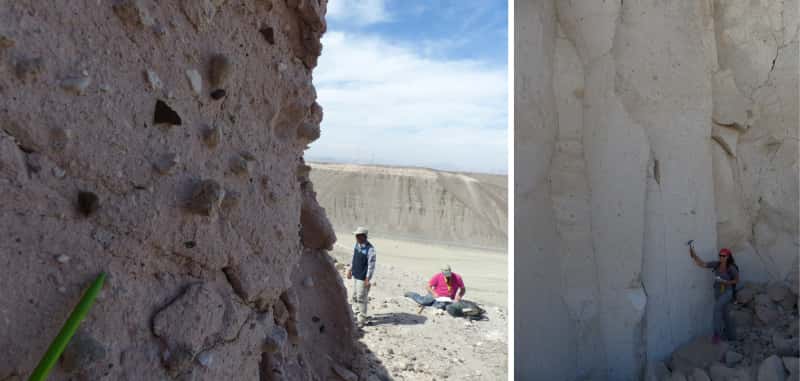 Ces dépôts volcaniques sont riches en nitrates produits par les éclairs lors de grandes éruptions. À gauche : Ignimbrite de la Joya (Pérou; 4,5 Ma), à droite : Ignimbrite del Aeropuerto (Pérou; 1,65 Ma). © Erwan Martin