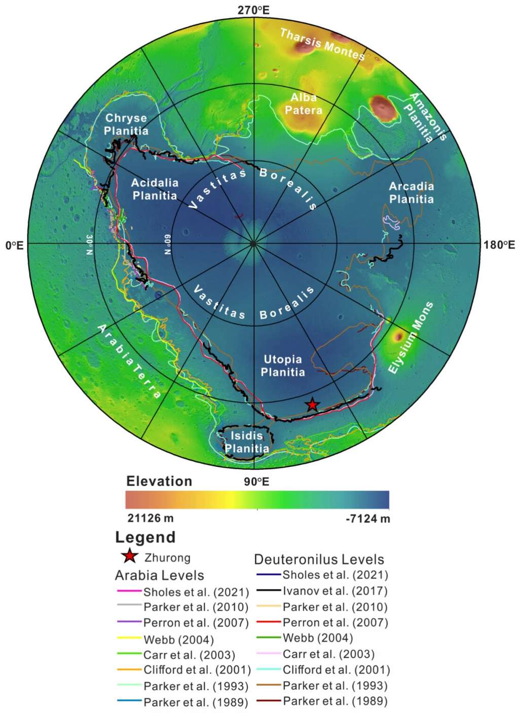 Carte en projection polaire de Mars. L'étoile indique la position du rover Zhurong. Les lignes de couleur sont les différents tracés proposés pour l'ancien littoral de l'océan boréal. © <em>Science China Press</em>