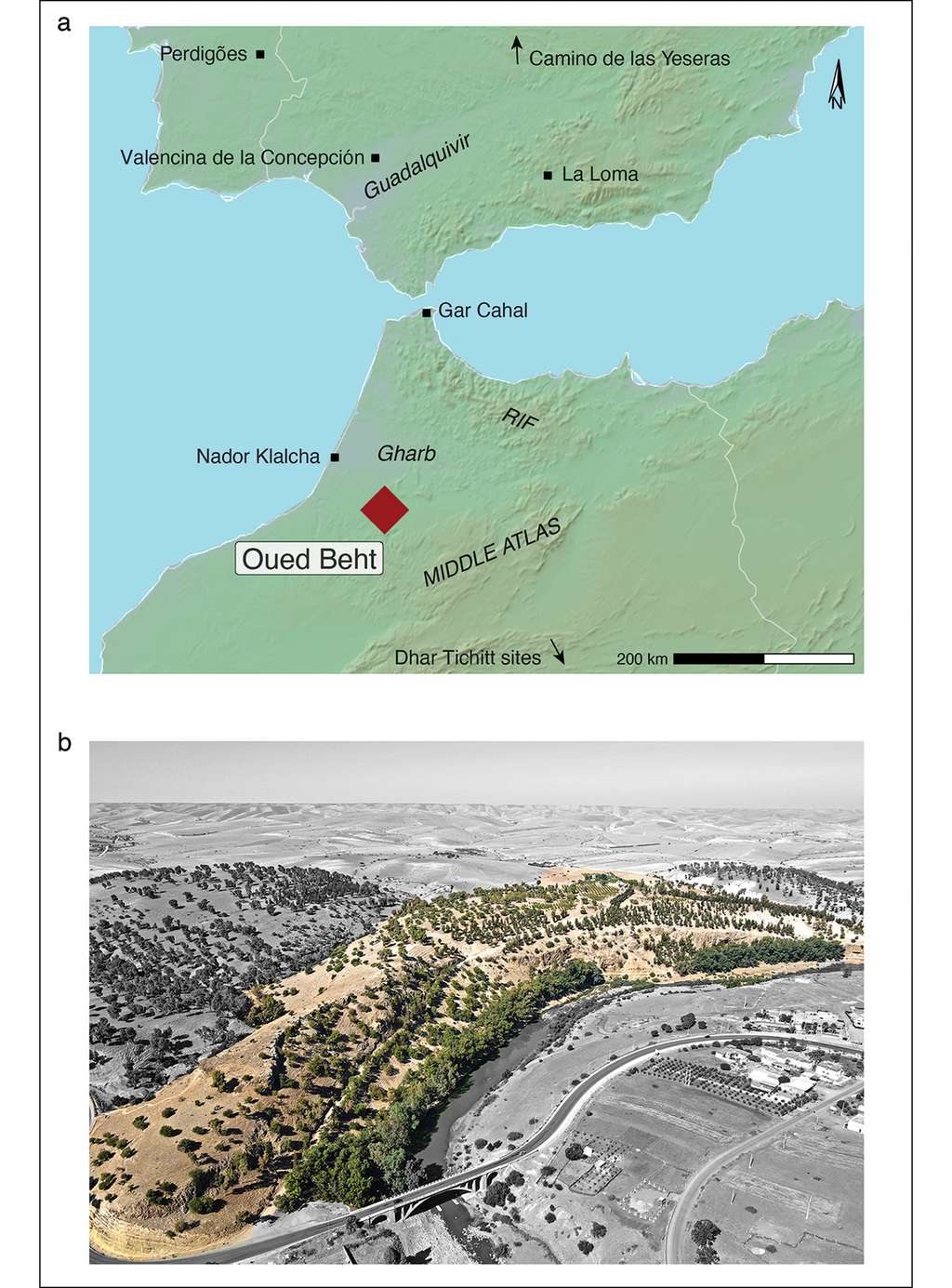 Localisation du site archéologique de Oued Beht et photographie aérienne. © <em>Broodbank et al. 2024, Antiquity</em>