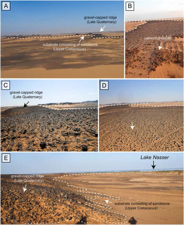 Les paléo-chenaux étudiés apparaissent dans le paysage saharien sous la forme de petites collines, du fait de l'érosion de la plaine environnante. Les lits de ces rivières fossiles sont caractérisés par la présence de nombreux galets. © Zaki et al. 2021, <em>Quaternary Science Reviews</em>, CC by 4.0
