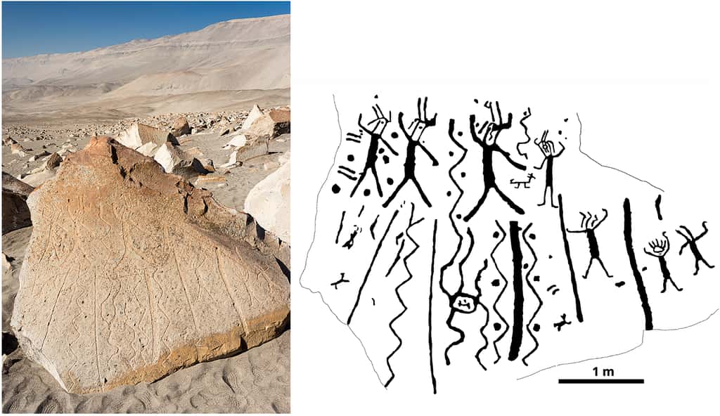 Bloc gravé retrouvé dans la vallée de Toro Muerto au Pérou et présentant des danseurs entourés de figures géométriques. © Rozwadowski et Wołoszyn, 2024, <em>Cambridge Archaeological Journal</em>