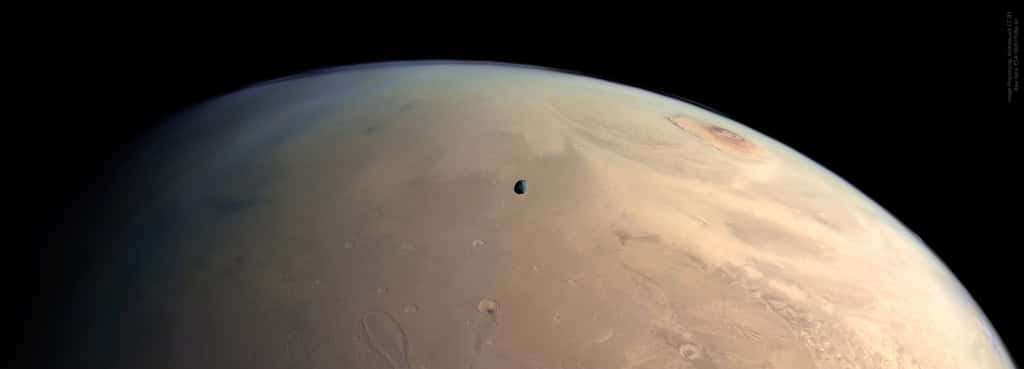 Cliché capturé par Mars Express présentant Phobos au-dessus de Mars. © ESA, DLR, FUBerlin, traitement par Andrea Luck, CC BY