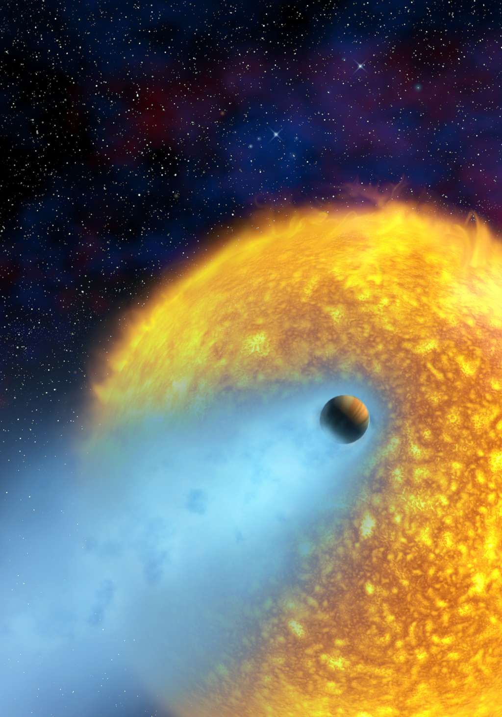 Le phénomène de photo-évaporation : les radiations de l'étoile « soufflent » l'atmosphère de la planète © ESA/Hubble, <em>Wikimedia Commons</em>, CC by 4.0
