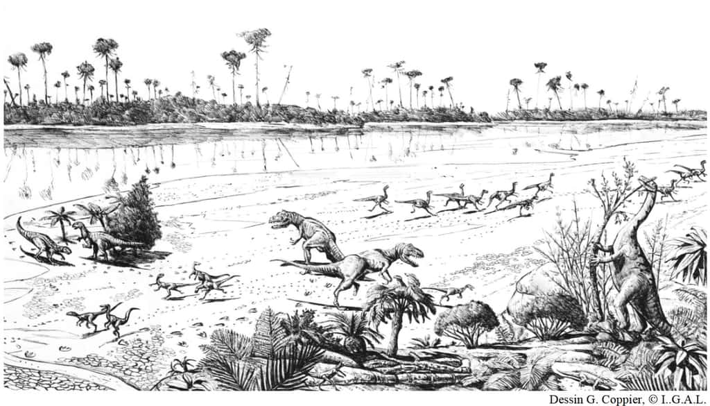 Représentation de l'estuaire du Veillon, il y a 200 millions d'années. Dessin présenté dans l'article <em>L'ichnofaune reptilienne hettangienne du Veillon (Vendée, France)</em>, de Christian MONTENAT & Gilbert BESSONNAT. © G. Coppier, I.G.A.L, <em>Les Naturalistes Vendéens n°3, 2003</em>