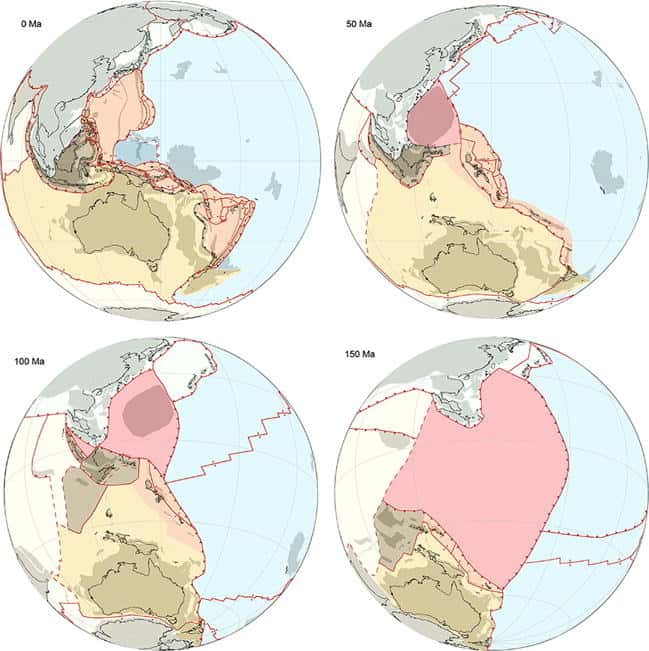 Situation tectonique à l'actuel (0 Ma) et reconstruction de la région pour différentes périodes. La plaque Pontus apparaît en rouge. © van de Lagemaat et van Hinsbergen, 2023, <em>Gondwana Research</em>