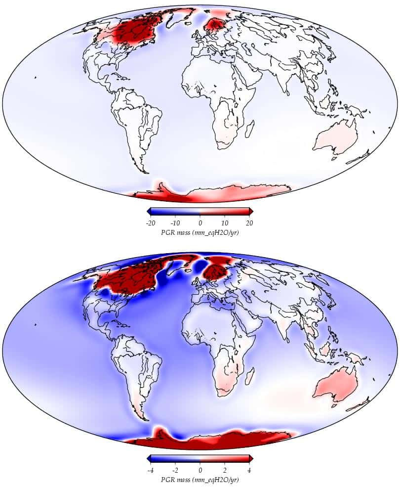 Modélisation des zones connaissant un rebond isostatique post-glaciaire (en rouge). © Paulson, A., <em>Wikimedia Commons</em>, domaine public