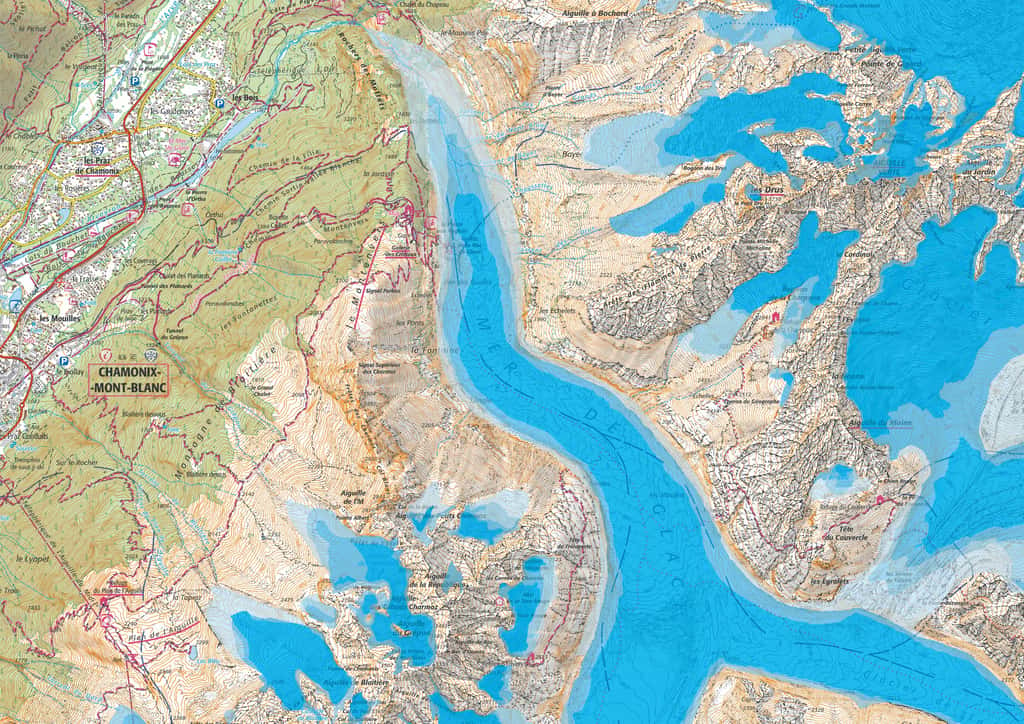 Cette carte présente le recul de la mer de Glace au cours du temps (dégradé de bleu). © IGN