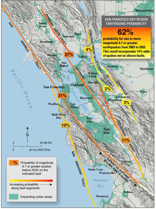 La faille de San Andreas fait partie d'un réseau de failles toutes susceptibles de produire d'importants séismes. © USGS, domaine public