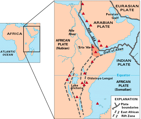 Le rift est-africain est un vaste corridor de croûte étirée (entre les pointillés) qui témoigne de la séparation progressive de la corne de l'Afrique du reste du continent. © USGS, Wikimedia Commons, domaine public