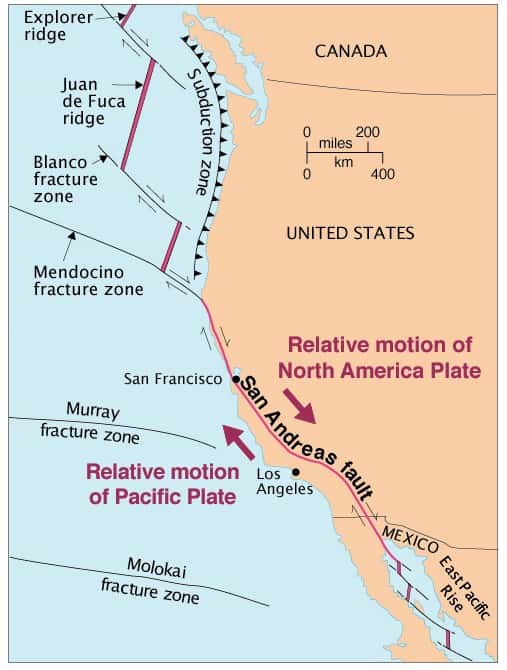Contexte tectonique de la côte Pacifique des États-Unis. On y voit la faille de San Andreas. L'extrémité nord-ouest du pays est cependant également soumise à un important risque sismique comme le décrit une nouvelle étude. © USGS, domaine public