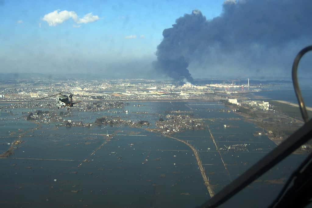 Inondations causées par le tsunami dévastateur de 2011 au Japon. © U.S. Navy photo, <em>Wikimedia Commons</em>, domaine public