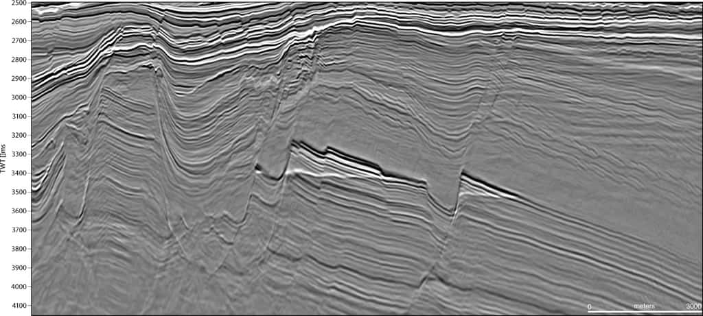 Exemple de coupe sismique réalisée par méthode sismique traditionnelle. © Kilde, PGS, disponible sur www.norskpetroleum.no