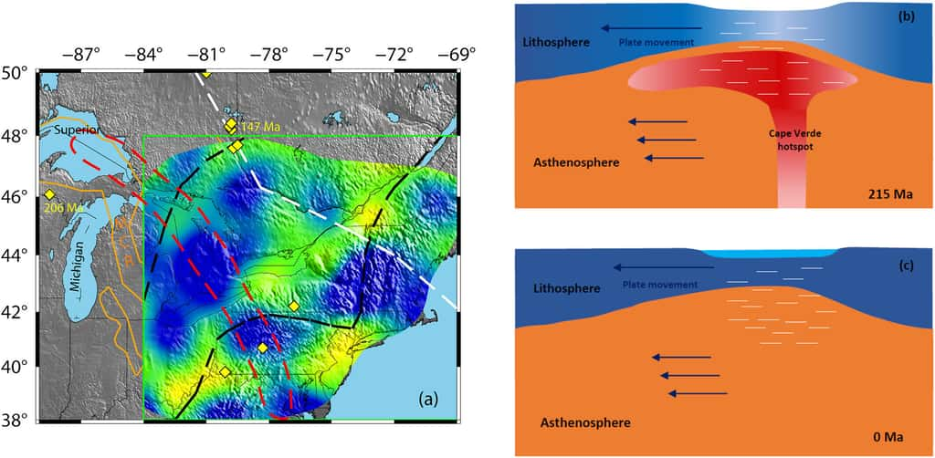 L'analyse sismologique de la région des Grands Lacs, couplée aux reconstructions du mouvement des plaques, a permis de montrer que la lithosphère aurait été amincie il y a bien longtemps par le passage de la Pangée au-dessus d'un point chaud. © Tao et <em>al.</em> 2025, <em>Geophysical Research Letters</em>