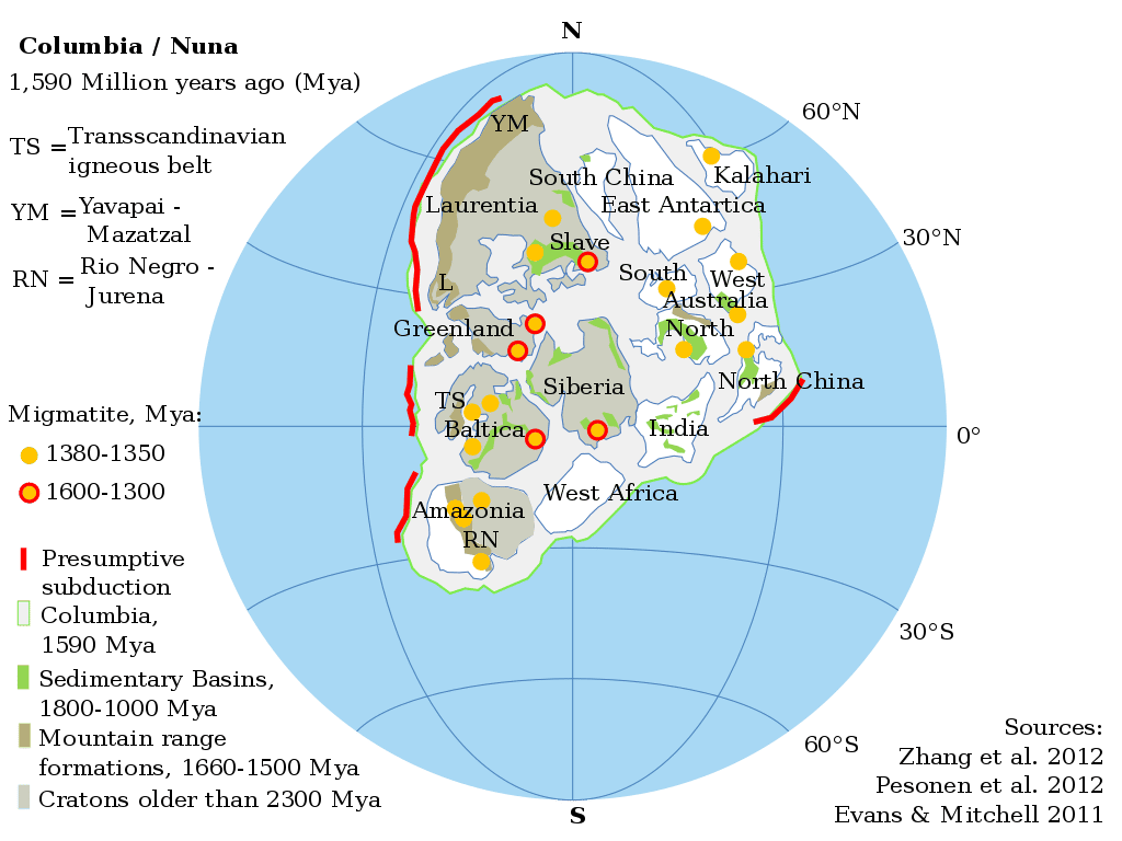 Configuration hypothétique du supercontinent Columbia. © Alexandre DeZotti, Wikimedia Commons, CC by-sa 3.0 