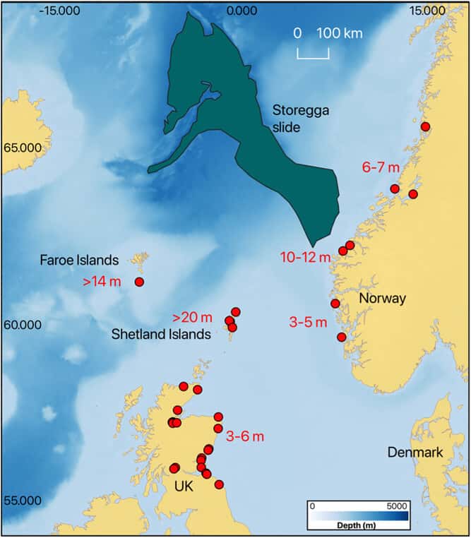 Localisation du glissement de Storegga et estimation des hauteur du tsunami. © Sharrocks and Hill, 2023, <em>Journal of Quaternary Science</em>, CC by 4.0 Deed 