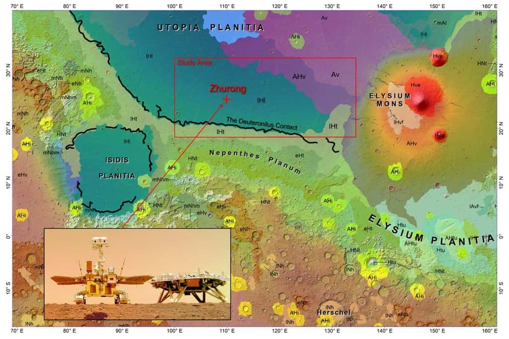 Carte présentant <em>Utopia Planitia, </em>ainsi que l'emplacement de l'atterrissage du rover Zhurong (croix rouge). Les différentes couleurs indiquent les différentes unités géologiques, notamment dans <em>Utopia Planitia</em> où cette signature permettrait de renforcer l'hypothèse de l'existence d'un ancien océan. © Wu et<em> al.</em> 2024,<em> Scientific Reports</em>