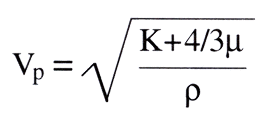 Équation de la vitesse des ondes P (V<sub>p</sub>), avec K le module d'incompressibilité, μ le module de cisaillement et ρ la masse volumique.