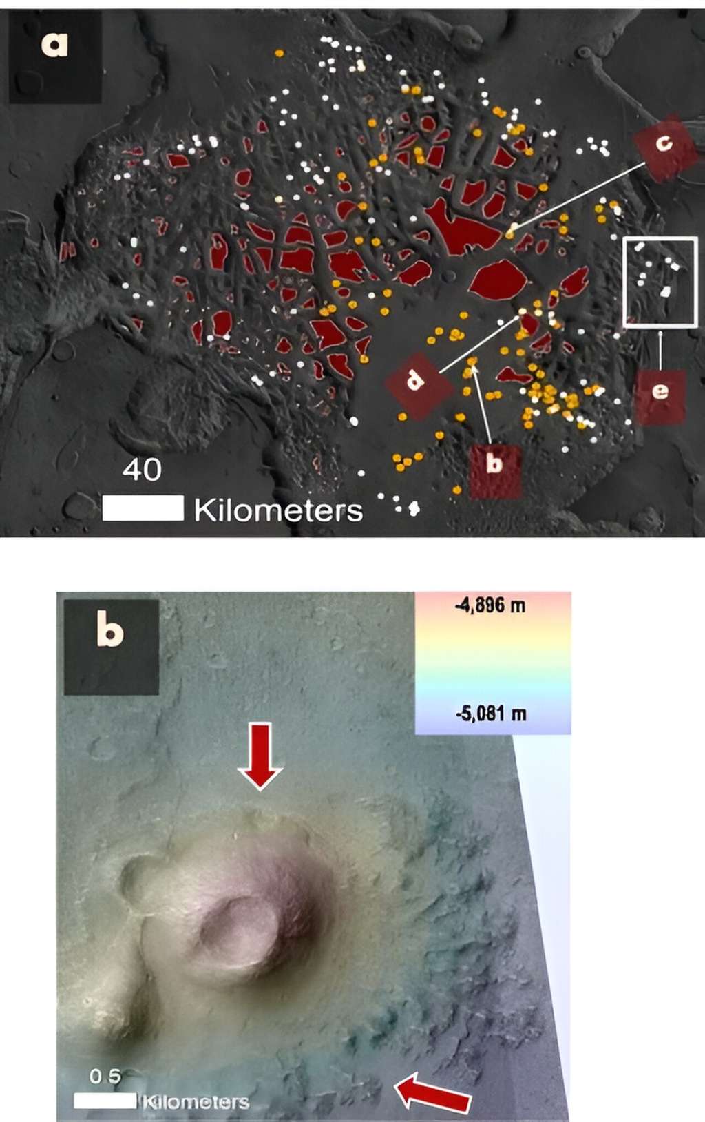(a) Carte de Hydraotes Chaos présentant les volcans de boue (points orange) et les diapirs de boue (points blancs) ; (b) Structure interprétée comme un ancien volcan de boue. © Nasa