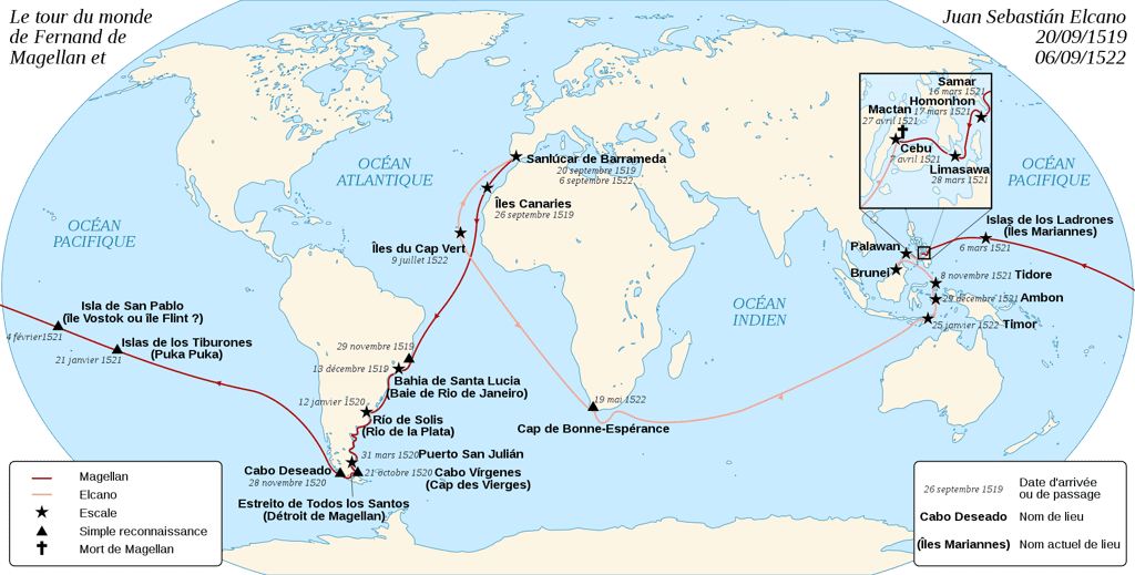 Route suivie par Magellan et son équipage. © Sémhur, <em>Wikimedia Commons</em>, CC by-sa 4.0