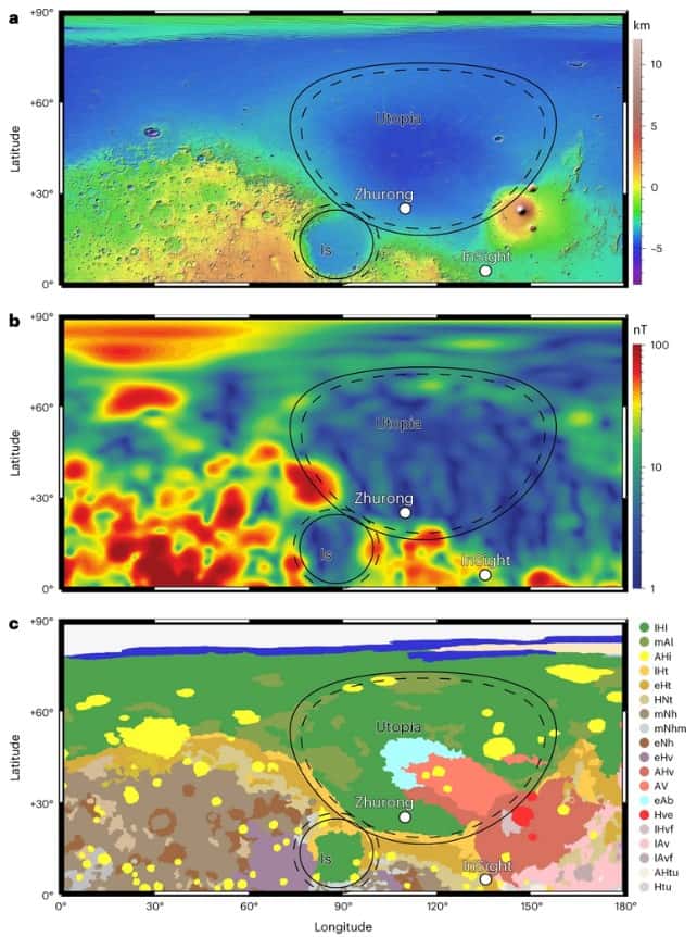 Carte de Mars montrant la position de Zhurong dans Utopia Basin (a), l'intensité du champ magnétique total à 200 kilomètres d'altitude (b) et la carte géologique (c) © Du et <em>al.</em>, 2023, <em>Nature Astronomy</em>, CC by 4.0