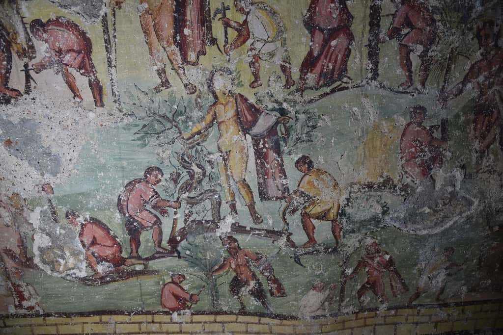 Scène illustrant le défrichage du site de Capitolias avec l’aide des dieux, dont Dionysos, dans un tombeau d’époque romaine mis au jour en Jordanie. Il présente une iconographie d’une richesse inégalée. © CNRS, Hisoma