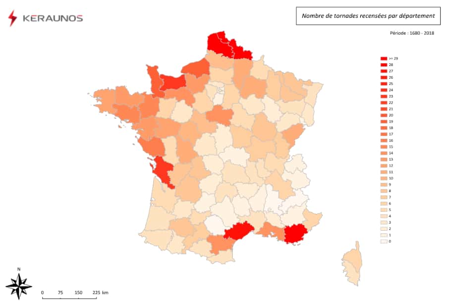 En France, concernant les tornades, on distingue des zones plus à risque que d’autres. © Keraunos