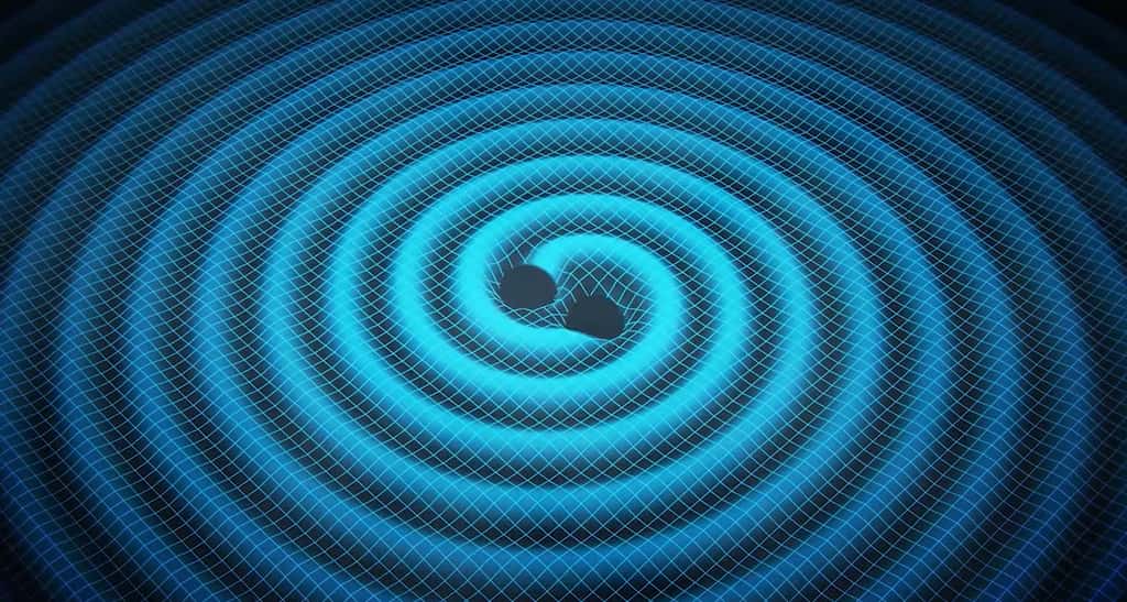 Une vue d'artiste montrant les ondulations du tissu de l'espace-temps provoquées par deux trous noirs en train de se rapprocher. Perdant de l'énergie sous forme d'ondes gravitationnelles, ils finiront par fusionner. © <em>Swinburne Astronomy Productions</em>