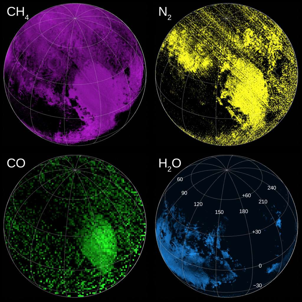 L’instrument Ralph/Leisa (<em>Linear Etalon Imaging Spectral Array</em>) a permis de dresser des cartes de la composition de la surface de Pluton : méthane (CH<sub>4</sub>), azote (N<sub>2</sub>), monoxyde de carbone (CO) et eau (H<sub>2</sub>O). © Nasa, SwRI, JHUAPL