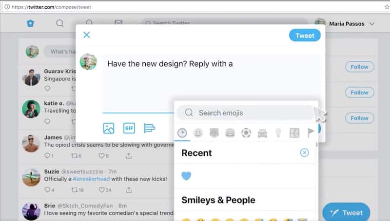 Le nouveau twitter.com fait la part belle aux ajouts d'emojis. © Twitter