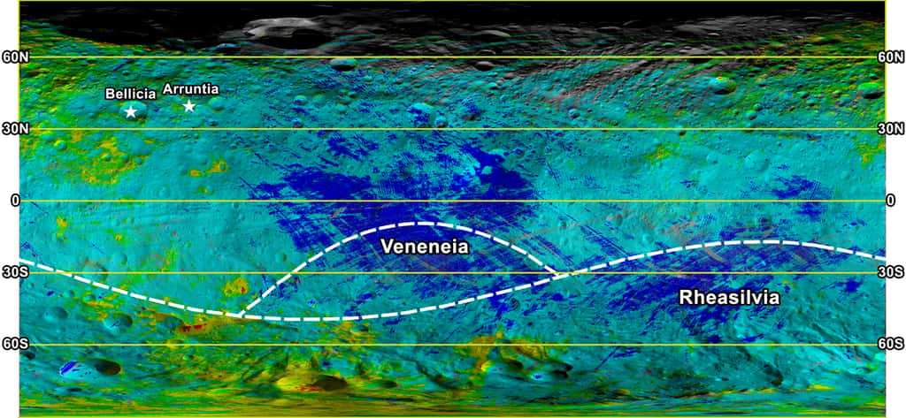 Une carte en fausses couleurs de la minéralogie de surface de Vesta. L'imposant cratère Rheasilvia occupe une bonne partie de l'hémisphère sud. Les taches rouges, vertes et bleues indiquent des régions dont les roches sont identiques à celles formant respectivement les diogénites, les howardites et les eucrites, des météorites trouvées sur Terre. La sonde Dawn a donc confirmé qu’elles venaient bien de Vesta. Les zones jaunes indiquent les régions où l’on trouve à la fois des diogénites et des howardites. © Nasa