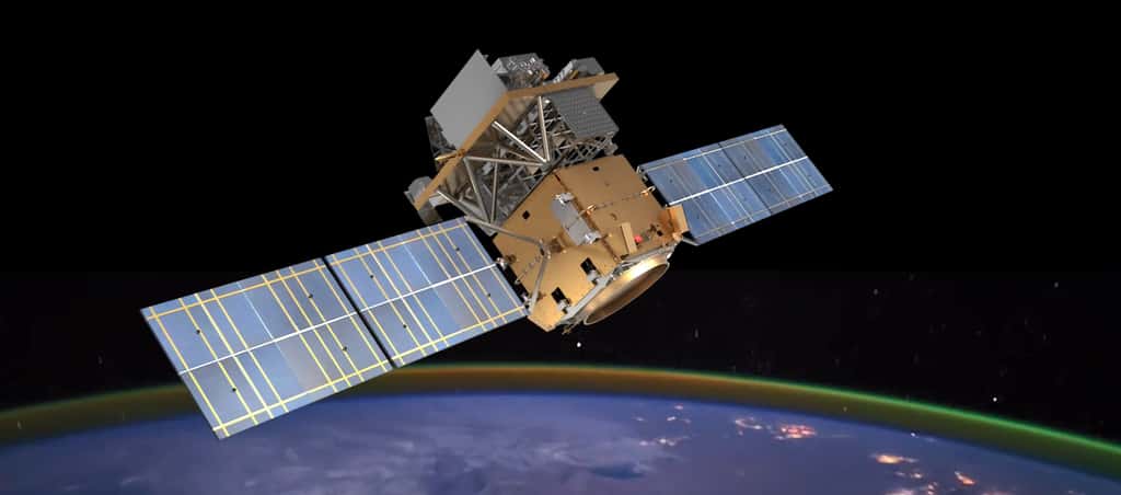 Vue d'artiste d'ASO-S. Le télescope spatial sera monté sur une plateforme satellite permettant une précision de pointage inférieure à 0,01°. © NSSC, <em>China Academy of Sciences</em>