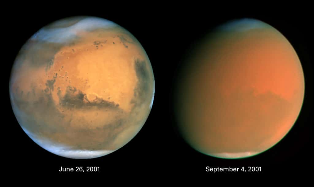 Deux photographies de Mars prises à trois mois d'écart. À droite, la planète est obscurcie par une gigantesque tempête de poussière. © Nasa